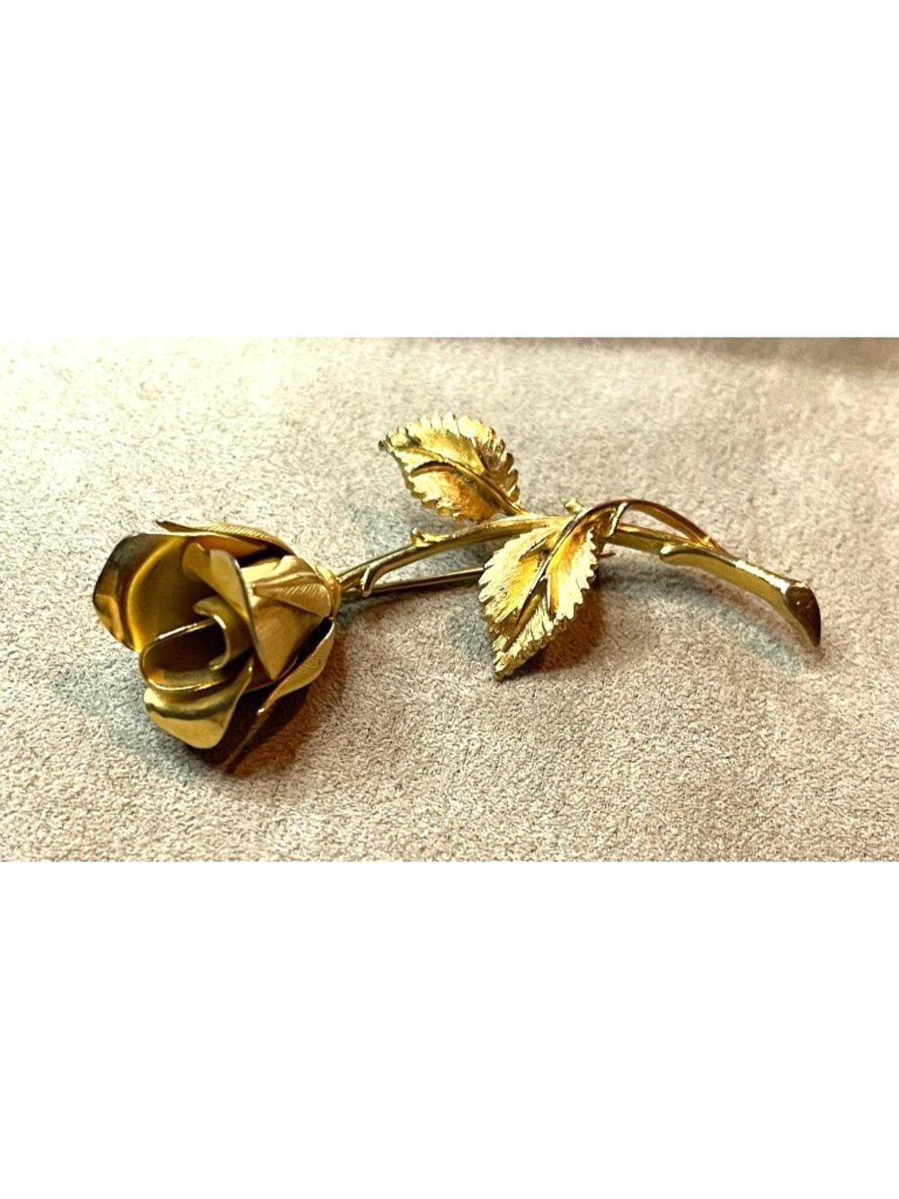 Vintage 60s Gold Tone Long Stem Rose Brooch Pin Mid Century Textured Flower Giov